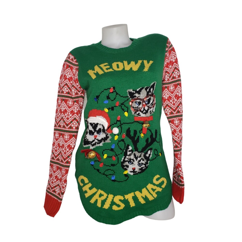 MEOWY CHRISTMAS Green Red Ugly Christmas Sweater Junior's Size Large